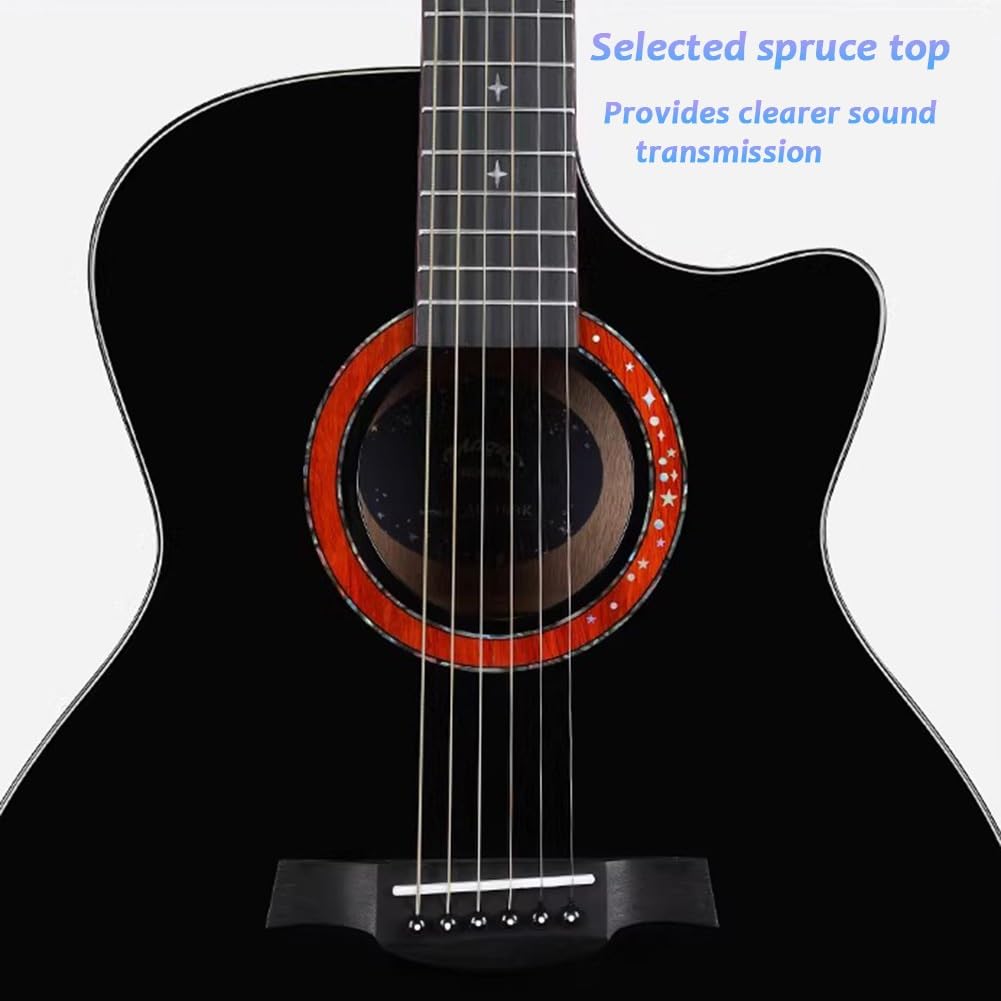 Set chitarra acustica con custodia, accordatore, tracolla, corde, plettri, capotasto per design a spalla mancante