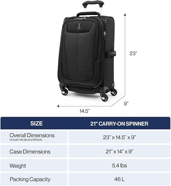 Travelpro Maxlite 5 Softside Carry-On Luggage Spinner, Black, 21-Inch