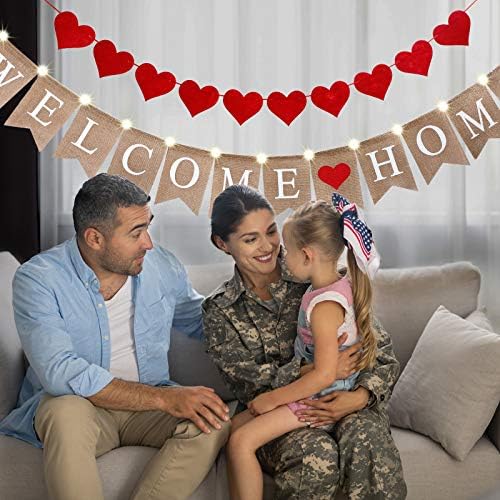 2 Pieces Welcome Home Banner with 2 Modes String Light and Felt Heart Garland Banner with Adhesive Dots for Home Indoor Outdoor Party Decoration Home Warming Decorations