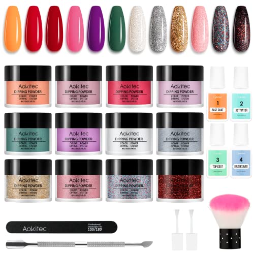 Aokitec 21pcs Dip Powder Nail Kit Starter, Nail Dip Powder 12Colors Dip Powder Gel Nail Kit Acrylic Powder Colors Dip Set for Starter