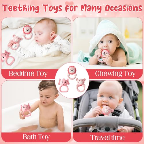 Image of 3Pcs Silicone Teether for Babies Girls, BPA Free Rattle Teething Toys | Pink Bear Lion Elephant Baby Rattle, Food Grade Teething Relief Sensory Toy, Sore Gums Pain Chew Toy for Newborn, 6-12 Months