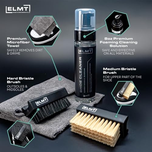Blackline ELMT Shoe Cleaner Kit — Ideal Sneaker, Canvas, Mesh, Nubuck, Sheepskin, Leather, White, Suede Shoe Cleaner — US-Made, Safe, 10X Potent Shoe Cleaning Kit (8 oz, 2 Brushes, Microfiber Towel)