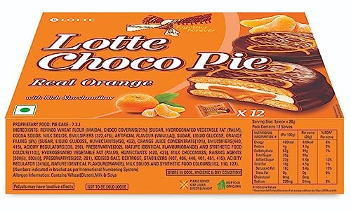 Image of Lotte Choco Pie - Orange Pie - Soft Biscuits coated with Premium Chocolate - (Pack of 12) - 336g
