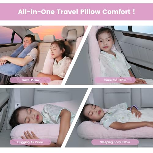 Image of Keemall Inflatable Car Pillow for Kids - Professional Safe Car Seat Sleeping Pillow for Car Travel, Portable Inflatable Travel Pillow for Kids /Adult Flight & Road Rides, Pink