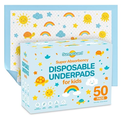 Image of SunnyGuard Disposable Changing Pads for Baby 13 x 18 Inches, 50 Diaper Changing Pad with Unique Design & 6 Layers of Protection for Nursery Use, Travel Changes & Pee Pad Protection, 33 x 46 CM