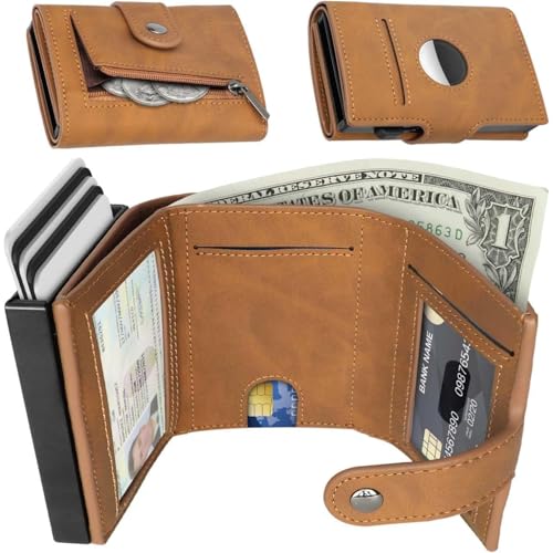 Genuine Leather Wallet for Men Slim Trifold AirTag Holder RFID Blocking 2 ID Windows Pop Up Card Holder Cash Slot Coin Pocket Gift (Brown)