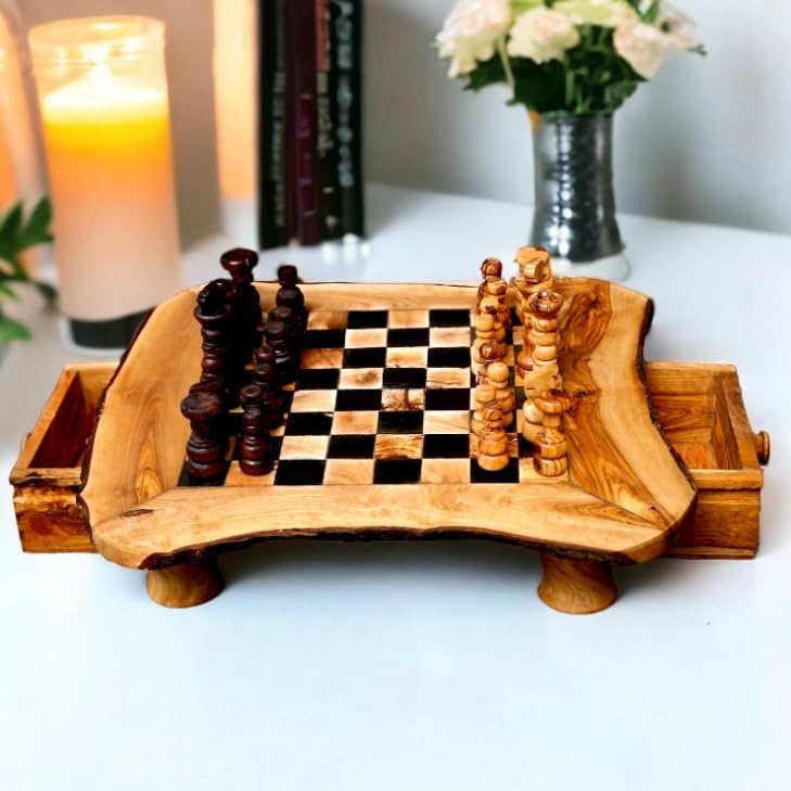 Handcrafted Olive Wood Chess Set with 32 Hand-Carved Pieces | Rustic Chess Board with Storage Drawers | Multiple Sizes | Red/Black | Premium Tabletop Chess Game (45x45cm - Playing area 32x32cm, Black)