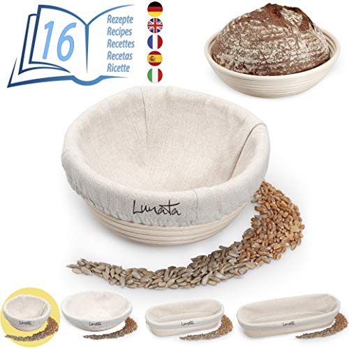 Lunata -Upgrade 2019- Cesto de Fermentación, incluye 16 sabrosas Recetas para Hornear (PDF), el Cesto ideal para fermentar la Masa de Pan, de ratán natural (ronda | 28 cm); con forro de lino