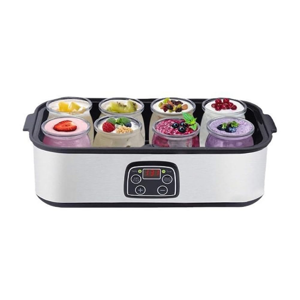 Yogurtera Automática con 8 Frascos de Vidrio. Yogurtera Eléctrica con Control de Temperatura y Tiempo Ajustables. Enchufe Europeo.