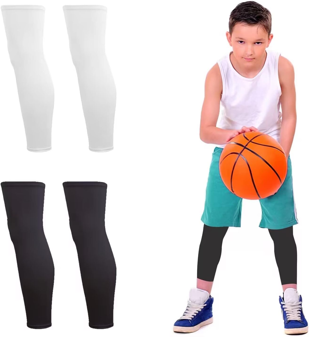 Yxmeiguo Kids Long Compression Leg Sleeves, Youth Basketball Leg Sleeves, Calf Brace Support for Basketball Cycling Sport