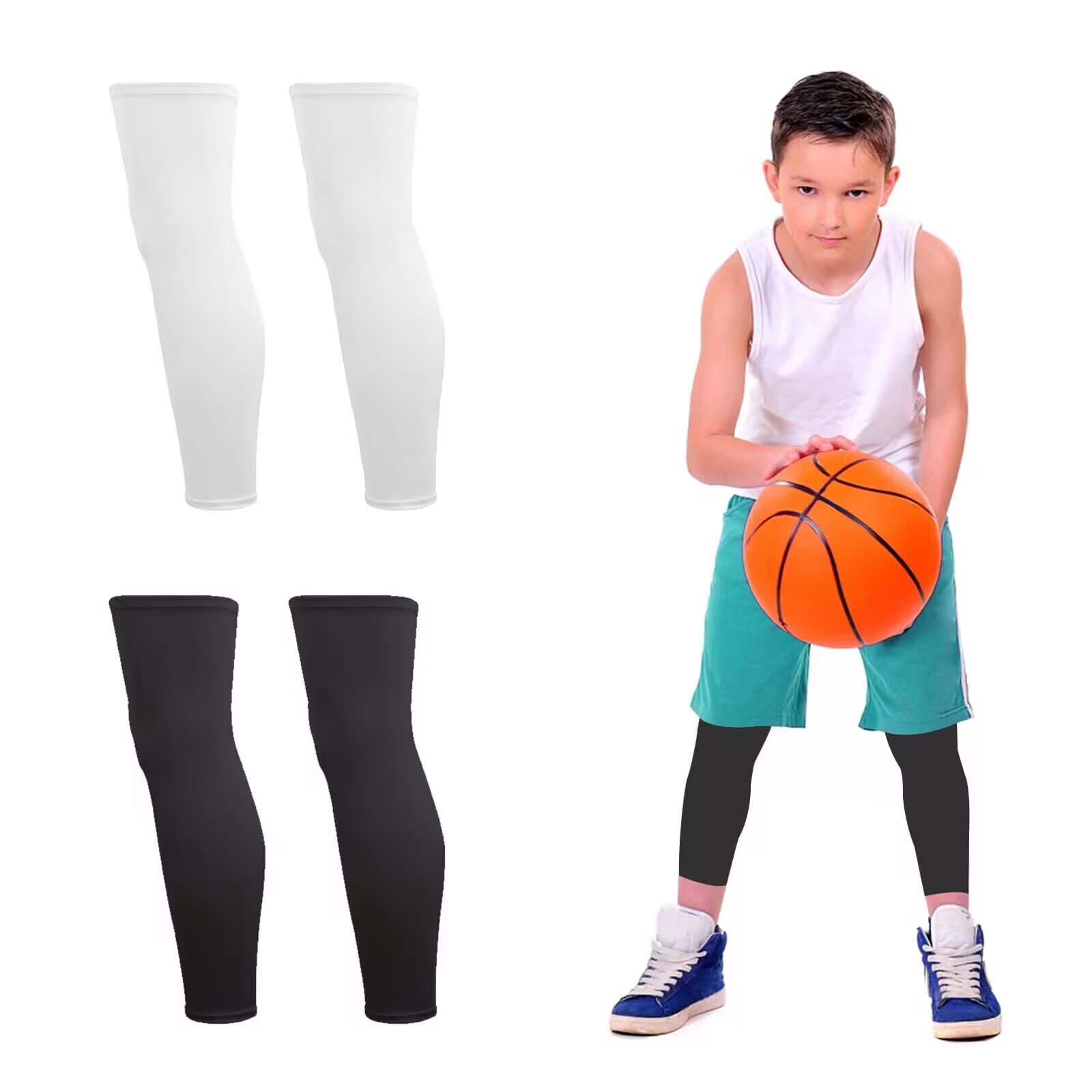 Yxmeiguo Kids Long Compression Leg Sleeves, Youth Basketball Leg Sleeves, Calf Brace Support for Basketball Cycling Sport