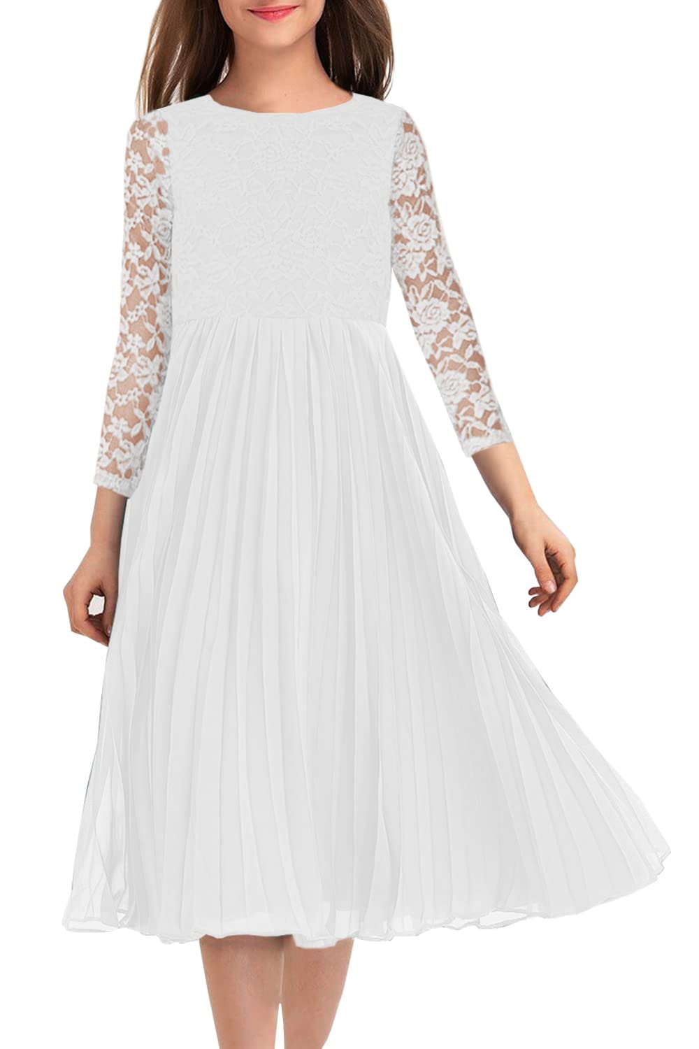 HOSIKAFlower Girl Dress Elegant Vintage Lace 3/4 Sleeve A-Line Pleated Formal Wedding Party Dress