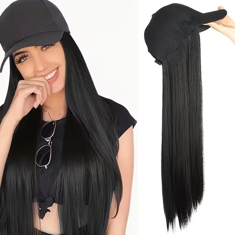 Baseball Cap Wigs Synthetic Long Curly Wavy Wig Hat 'Adjustable Black Cap with Hair Extensions Hairpiece Hats with Hair Hat and Wig for Women Girl Lady ((Black, Long, Straight))-image-39