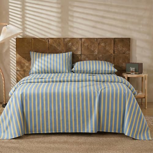 Image of Merryword Blue & Yellow Striped Sheet Set Queen Size, 100% Cotton Fitted Sheet Set with Deep Pockets, Crisp Cool Feeling, Ribbon Stripes Design, 4-Piece All Season Bedding