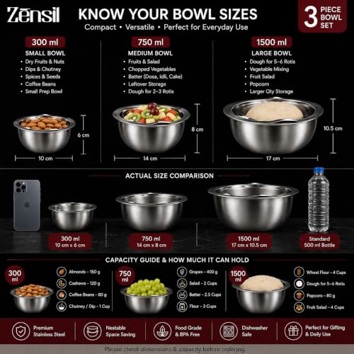 Image of Stainless Steel Mixing Bowls Set of 3 with Lids, Stackable Storage Containers, Food Grade | Refrigerator & Freezer Safe, Food Storage & Meal Prep Bowls