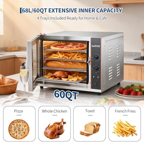 Image of Garvee Commercial Convection Oven Countertop, 68L /60Qt, 1750W Toaster, 4-Tier Electric Oven w /Front Glass Door, Trays Wire Racks Clip Gloves, 120V