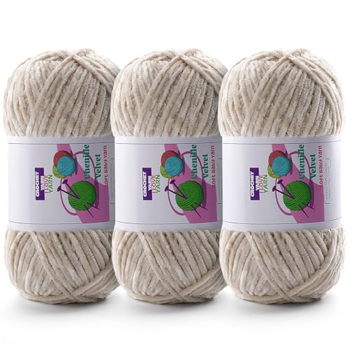 Image of 3 Skeins Soft Fluffy Velvet Yarn, Chenille Chunky Yarn for Hand Knitting and Crocheting DIY Craft, Amigurumi Crochet Yarns(3x196.8yds, 3x3.5oz) (Beige)