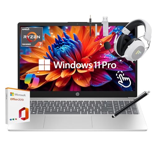 HP 15.6' FHD Touchscreen Laptop, AMD Ryzen 7 7730U, 16GB RAM, 512GB SSD, Windows 11, Wi-Fi 6, Copilot AI Business Laptop PC,Long Battery Life, HDMI,USB-C,w/Mytrix Headset/Pen,with Lifetime Office