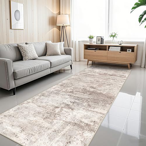 RUUGME Washable Hallway 4x12 Rug - Abstract Runner Rugs for Living Room Non Slip Rubber Backing Indoor Entryway Carpet for Bedroom Kitchen Soft Low Pile Stain Resistant Floor Decor Mat 4x12 Brown