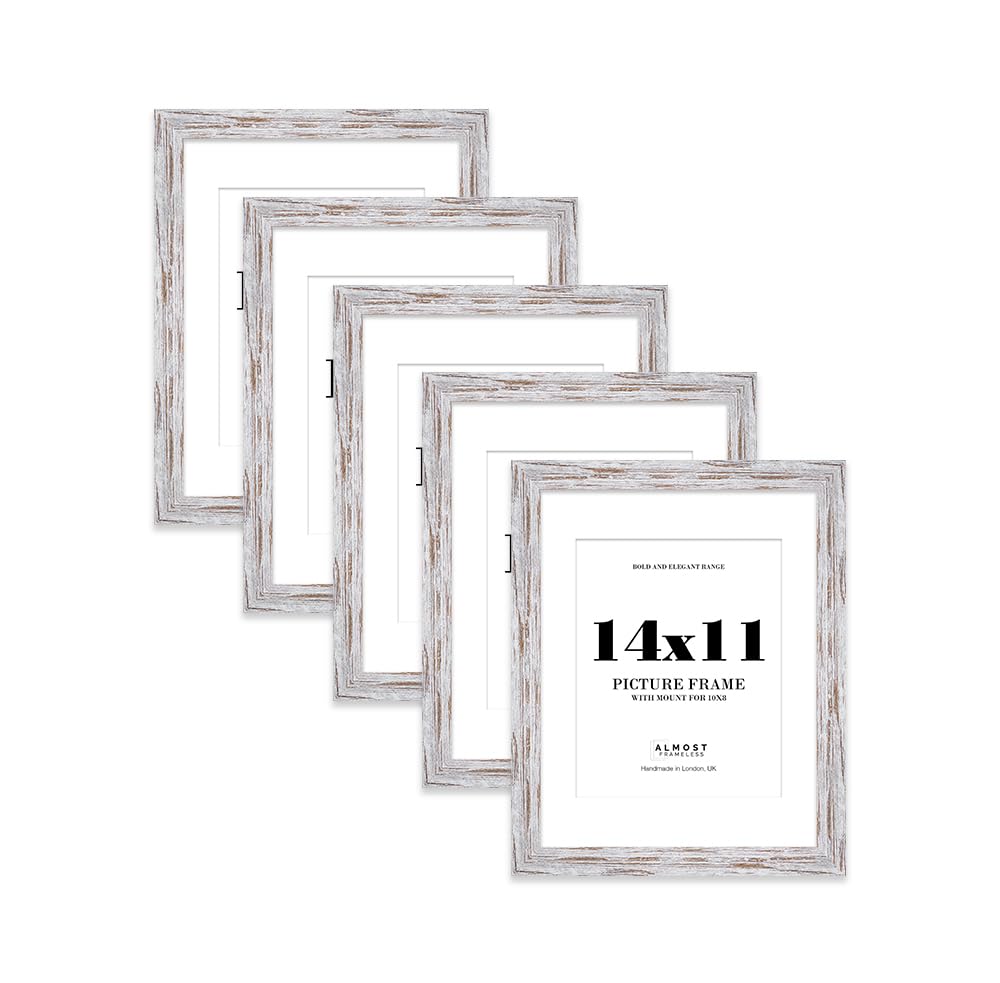 14x11 Distressed Wood Frame With Mount for 10x8 Pictures 28mm Edge Portrait and Landscape Display with Wall Hooks and Kickstand, 5 Pack