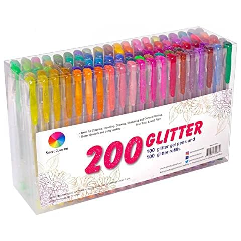 200 Pack Glitter Gel Pens Set, Smart Color Art 100 Colors Gel Pens with 100 Refills for Adult Coloring Books Drawing Painting Writing Cover