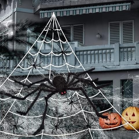 AgoKud Halloween Decorative Spider Web 7 m, 150 cm, Black Spiders and 20 Small Spiders for Garden, Party, Table Decoration, Outdoor Cover