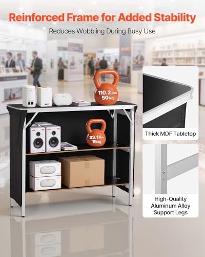 Image of VEVOR Folding Portable Bar Table, 43.3 x 15.2 x 34.8 in, with Carry Bag, 2 Storage Shelves, and Detachable Skirt, Quick and Easy Setup, Foldable Mobile Bartending Station for Events, Party, Tradeshow