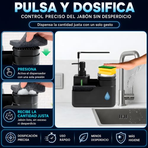Miniatura 6 de Dispensador Jabon Cocina - Dosificador Jabon Cocina - Jabonera Cocina - Organizador Cocina - Organizador Fregadero Cocina - Soporte Estropajo Fregadero Negro