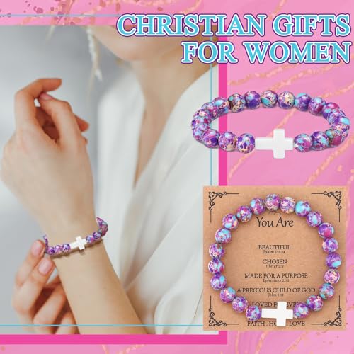 12 Pieces Cross Beaded Bracelet Bulk with Bible Card Christian Bracelets for Women Faith Religious Christian Gifts Natural Stone for Friend Baptism Communion2