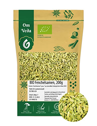 BIO Fenchel Gewürz Fenchelsamen Fenchelsaat ganz | BIO-Qualität | Teegewürz Kräutertee Fencheltee | Für Küche und Tee | OmVeda Gewürze 200g Cover