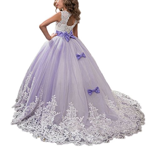 Girls Pageant Dress with Train Long Princess Lilac Kids Prom Puffy Tulle Ball Gown2