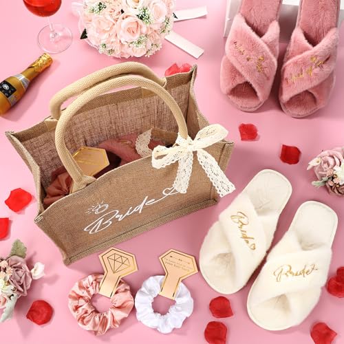 24 Pcs / 8 Sets Bridesmaid Gift Bags Burlap Jute Tote Proposal Bag Including 8 Pairs Bride Bridesmaid Slippers and Scrunchies 1 Lace Ribbon for Bridal Wedding Parties2