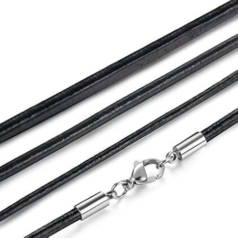 sailimue 3 Pcs Black Leather Necklace Men Women Cord Chain Braided Rope 2MM 3MM 4MM Stainless Steel Clasp 41-76 cm Cover