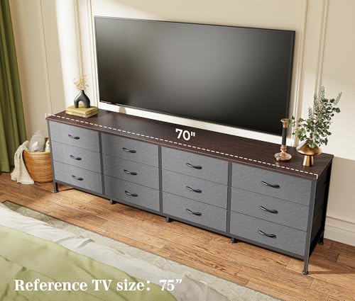 Huuger 70 Inch Dresser for Bedroom, TV Stand for 65, 75, 80 Inch TV, 12 Drawer Long Dresser, Large Storage Organizer Unit, Wide Chest of Drawer with Storage, Fabric Drawer for Living Room, Dark Grey