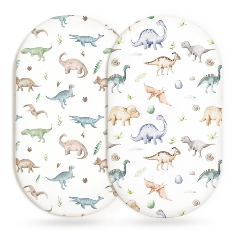 Image of Bassinet Sheets for Baby Girls Boys 2 Pack, Fitted Baby Mattress Sheet for Rectangle, Oval, Hourglass Bassinet Mattress, Breathable Cozy & Universal Fit (Dino Pals, Bassinet Sheet)