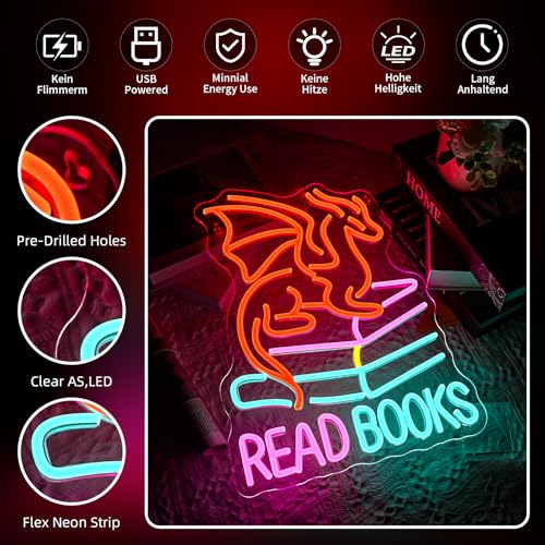Image of Book Dragon Neon Sign Library Dragon Decor Cool Kids Read Books Reading Corner for Kids Neon Signs for Wall Decor LED Light Library Classroom Book Club Christmas Gift for Teens