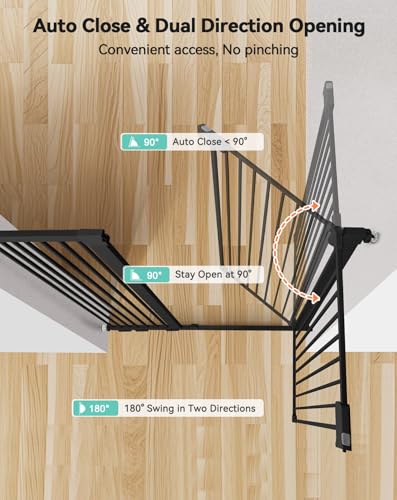 COMOMY 107 cm Extra Hoch Türschutzgitter, 75-110 cm Breit Treppenschutzgitter ohne Bohren, Türgitter für Baby, Kinder, Hund und Katze, Metall, Automatisches Schließen, 90°Stop (Schwarz)