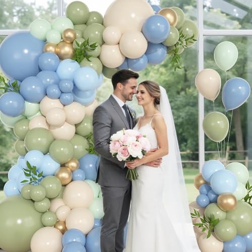 Image of Ouddy Life 157 Pcs Sage Green and Blue Balloons Garland Arch Kit, Dusty Blue Green Sand White Metallic Gold Balloon Different Size for Boho Bridal Baby Shower Birthday Anniversary Party Decorations