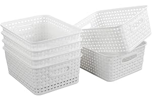 Set of 6 Pure White Open Front Plastic Storage Bin Organizer Boxes