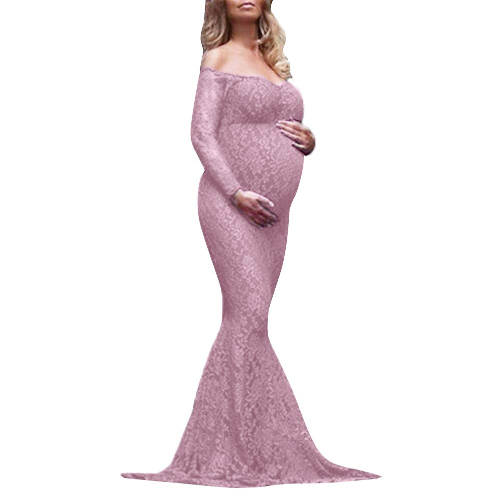 IWEMEKMermaid Women's Off Shoulder V Neck Long Sleeve Lace Maternity Gown Maxi Photography Dress Baby Shower Photo Shoot