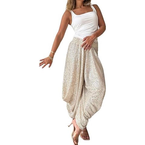 LOAIHA Palazzo Pants for Women Metallic Sparkly Casual Loose High Waist Wide Leg Beach Harem Pants Summer Outfits 2024 Trendy X-Large Champagne Cover