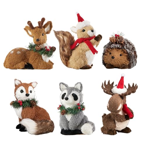 naturevibe Set of 6 Sisal Woodland Animals for Rustic Christmas Decorations, Forest Animals Figures with Holiday Accent as Christmas Table Decor or Holiday Decorations