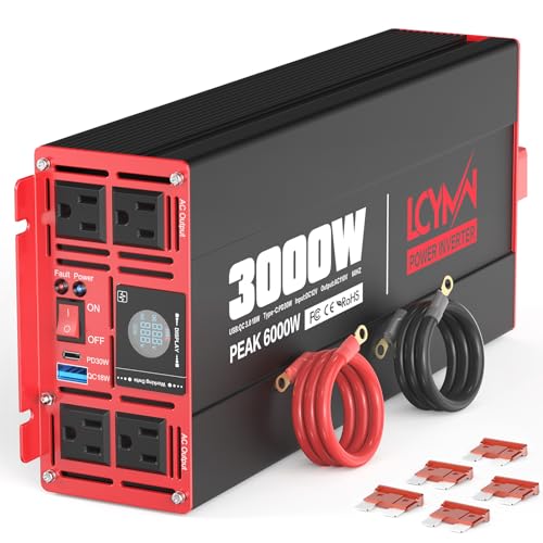Image of 3000 Watts Power Inverter DC 12V to AC 110V/120V 6000W Peak Inverters with 4 AC Outlets Type-C PD30W/QC3.0 18W USB Fast Charging Port with LCD Display for Vehicles Home RV Car Solar Off-Grid Converter