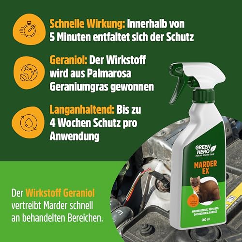Green Hero Marder-EX Anti Marderspray 500ml Marderabwehr fürs Auto schnelles und effektives Marderabwehrspray, Marderschreck Auto Spray, zum Fernhalten von Marder