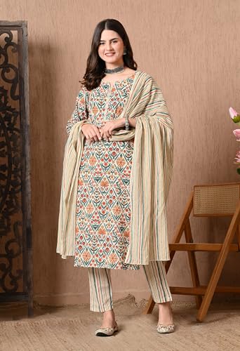 Image of Amazon Brand - Tavasya Women Cotton Anarkali Kurta Pant Dupatta Set | Printed Ethnic Suit Set | Flared Anarkali Kurta with Pant & Dupatta | Festive & Casual Wear