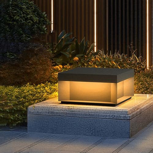 HZWJIA Gray Outdoor Pillar Lamp Modern Hardwired Fence Deck Post Cap Lamp IP54 Rated Waterproof Pillar Head Lamp Four Sides Out Glass Shade Solar Pillar Lamp For Villa Patio Pillar Lamp Side Length 11
