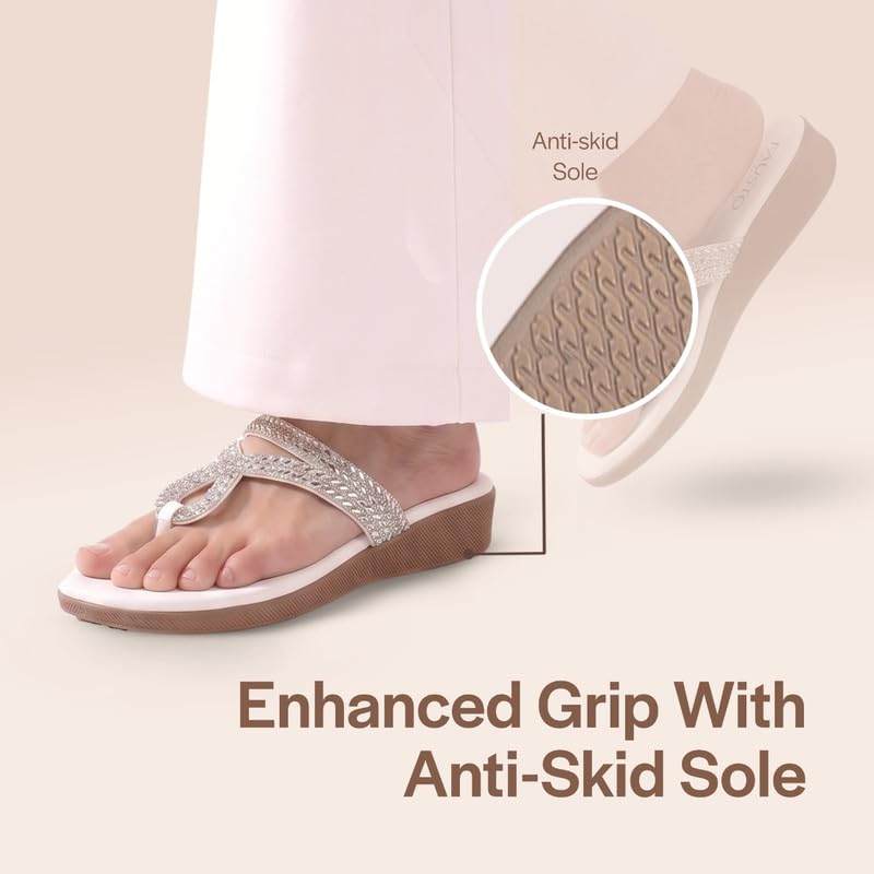Image of FAUSTO Women T-Strap Slip On Ethnic Sandals with Rhinestone Strap | Wedge Ortho Slip-On Slippers | Perfect for Wedding, Festive Outfits