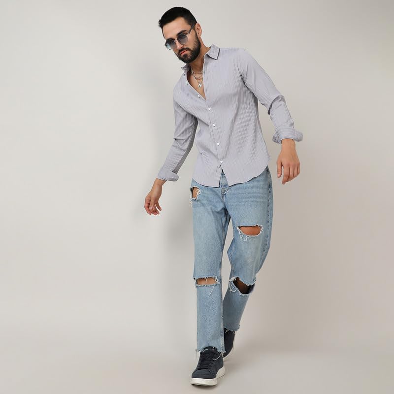 Image of CAHOOT Men's Self-Design Striped Shirt for Casual Wear | Spread Collar | Long Sleeve | Button Closure | Shirt Crafted with Comfort Fit for Everyday Wear