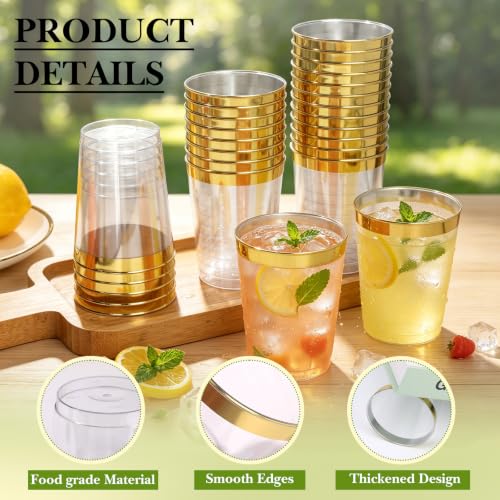 Image of 100 Pack Gold Plastic Cups, 10 OZ Clear Plastic Cups Gold Rimmed