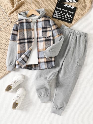 Image of 2Pcs Boys Clothes Sweatsuit Set Hoodie Flannel Plaid Shirt and Jogger Pants for Kids Fall Winter Spring Outfits